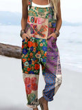 Wome'S Holiday Style Vintage Funny Art Geometric Floral Pattern Print Casual Cotton Wide Leg Jumpsuit