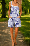 Women’s White Blue Rose Print Casual Cotton Wide Leg Romper