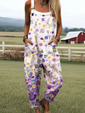 Women's Vintage Floral Pattern Print Casual 100% Cotton Wide Leg Jumpsuit