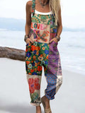Wome'S Holiday Style Vintage Funny Art Geometric Floral Pattern Print Casual Cotton Wide Leg Jumpsuit
