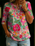 Women’s Vintage Floral Print Casual Half Sleeve Henley Cotton Top RSST208