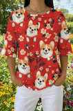 Womens Red Rose Corgi Print Casual Shirt