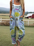 Women's Lovely Floral Bees Art Print Casual Cotton Wide Leg Jumpsuit