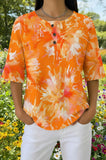 Womens Orange Tie Dye Floral Print Casual Waffle Cotton Shirt