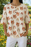 Womens Cream Rainbow Cat Print Casual Henley Shirt