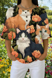 Womens Black Halloween Pumpkin Cat Print Casual Shirt