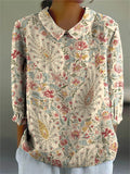 Women's Vintage Lovely Floral Art Print Casual Cotton And Linen 3/4 Sleeve Shirt
