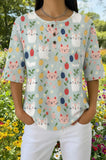 Womens Light Blue Abstract Cat Print Casual Henley Shirt