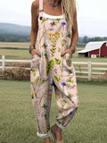 Women's Lovely Floral Bees Art Print Casual Cotton Wide Leg Jumpsuit