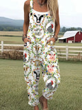 Women's Vintage Animals Art Print Casual Cotton Wide Leg Jumpsuit
