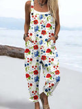 Wome'S Red And White Floral Pattern Print Casual Cotton Wide Leg Jumpsuit