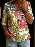 Women’s Vintage Floral Print Casual Half Sleeve Henley Cotton Top RSST209