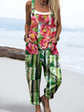 Wome'S Holiday Style Artistic Rose Pattern Print Casual Cotton Wide Leg Jumpsuit