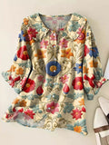 Women's Vintage Flower Art Print Casual Cotton And Linen 3/4 Sleeve Shirt