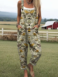 Women's Bees and Moths Pattern Casual Cotton Wide Leg Jumpsuit