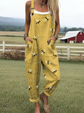 Women's Flying Bees Embroidery Pattern Casual Cotton Linen Wide Leg Jumpsuit RJ002