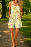 Women’s Yellow Cute Cat Print Casual Cotton Wide Leg Romper
