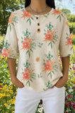 Womens Cream Floral Print Casual Henley Shirt