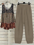 Crew Neck Casual Disty Floral Loose Sleeveless Two-Piece Set