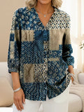 Women's Patchwork Art Pattern Print Casual Ruffled Denim Shirt RSDS2901