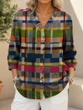 Women's Colorful Geometric Art Print Casual Ruffled Denim Shirt RSDS2910