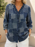 Women's Patchwork Pattern Print Casual Ruffled Denim Shirt RSDS2922