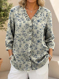 Women's Vintage Flower Pattern Print Casual Ruffled Denim Shirt RSDS2924