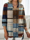 Women's Vintage Patchwork Plaid Print Casual Ruffled Denim Shirt RSDS2934
