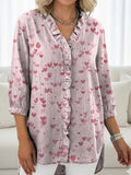Women's Pink Little Heart Print Casual Ruffled Denim Shirt RSDS2937