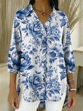 Women's Floral Pattern Art Print Casual Ruffled Denim Shirt RSDS2944