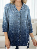 Women's Shiny Gradient Print Casual Ruffled Denim Shirt RSDS2947