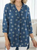 Women's Little Flower Art Print Casual Ruffled Denim Shirt RSDS2952