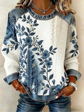Women's Winter Dark Blue Floral Print Denim Patchwork Crew Neck Sweatshirt RSPS2802