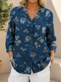 Women's Vintage Flower Print Casual Ruffled Denim Shirt RYDS805