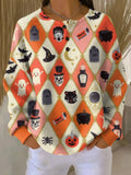 Women's Halloween Plaid Black Cat Ghost Pattern Art Print Casual Cotto