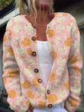 Vintage Pumpkin Art Print Buttoned Cardigan Sweater