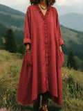 Linen-Feel Ruffle-Trim V-Neck Pocket Maxi Dress