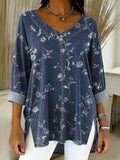 Women's Floral Pattern Art Print Casual Denim Shirt