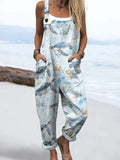 Women's Vintage Ocean Marine Turtle Print Casual Cotton Wide Leg Jumpsuit