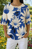 Womens Blue Tropical Floral Print Casual Waffle Cotton Shirt