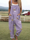 Women's Bee Art Print Casual Cotton Wide Leg Jumpsuit