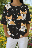 Womens Black Leaf Corgi Print Casual Shirt