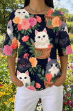 Womens Black Floral Cat in Basket Print Casual Shirt