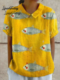 Women's Vintage Fish Art Print Casual Cotton And Linen Shirt