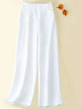 Women's Solid Color Button Half Elastic High Waist Casual Cotton and Linen Wide Leg Pants