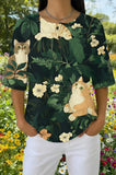 Womens Green Floral Beige Cat Print Casual Shirt