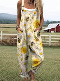 Women's Lovely Floral Bees Art Print Casual Cotton Wide Leg Jumpsuit