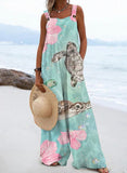 Women's Resort Style Protect Split Joint Square Collar Loose Linen Fabric Jumpsuits