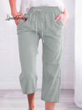Women's Casual Summer Linen Pants High Waisted Loose Yoga Sweatpants Crop Pants with Pockets