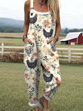 Women's Chicken Art Print Casual Cotton Wide Leg Jumpsuit
